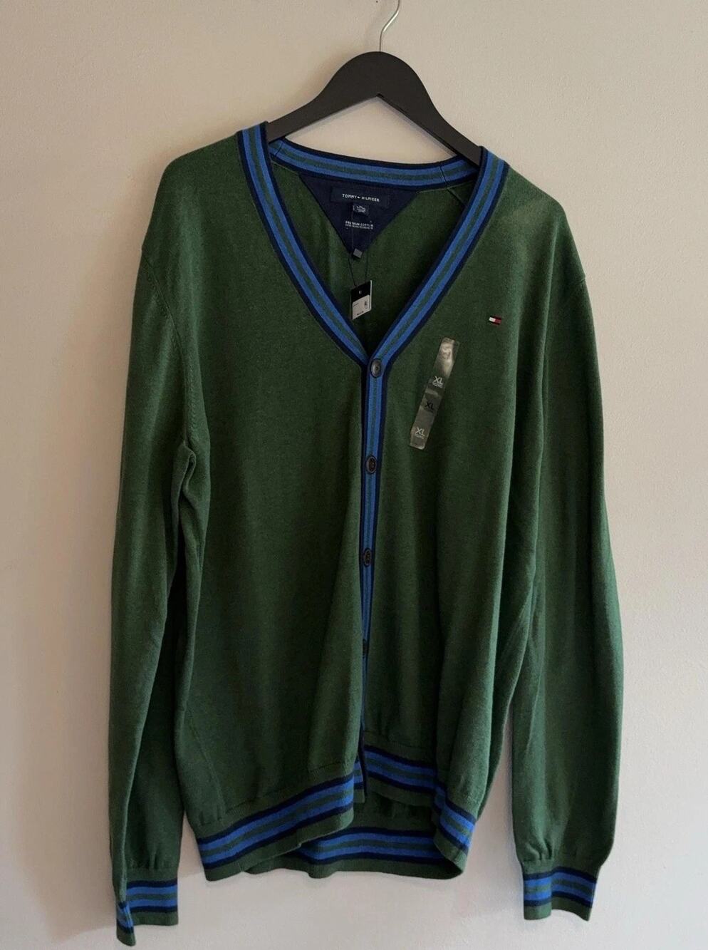 Tommy Hilfiger Sweater Mens XL Green V Neck Cardigan Stripe Trim Logo Knit NWT